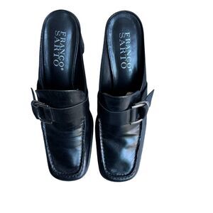 Franco Sarto Black Leather Mule Slip On Block Heel Buckle Career Dark Academia